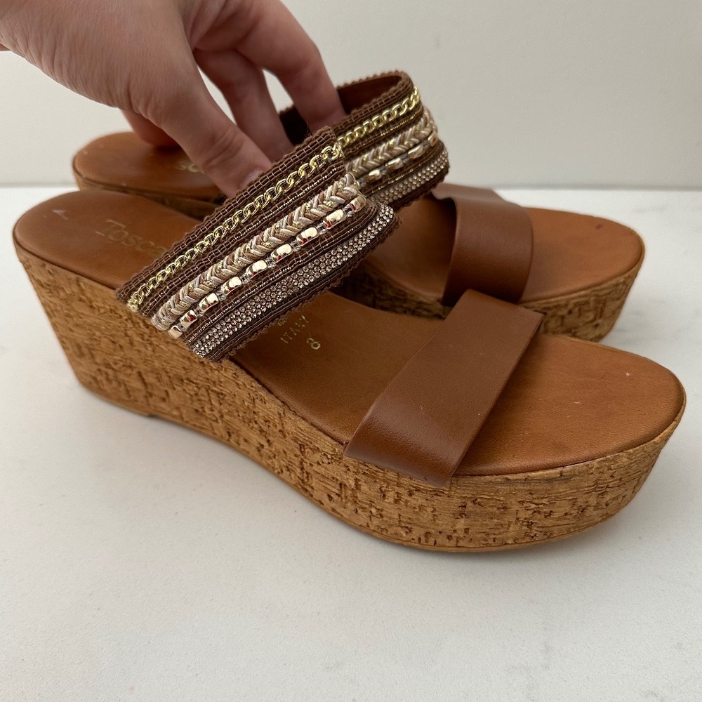 Toscanello Gold Beaded Cognac Wedge Sandals